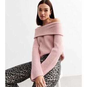 nwot NEW LOOK Sweater Women L Pink Oversized Chunky-Knit Wide-Mock-Neck Long-Slv